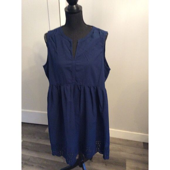 Navy Blue Shift Sleeveless Plus size XXL Dress Cotton V Neck Lace Edging - Picture 6 of 6